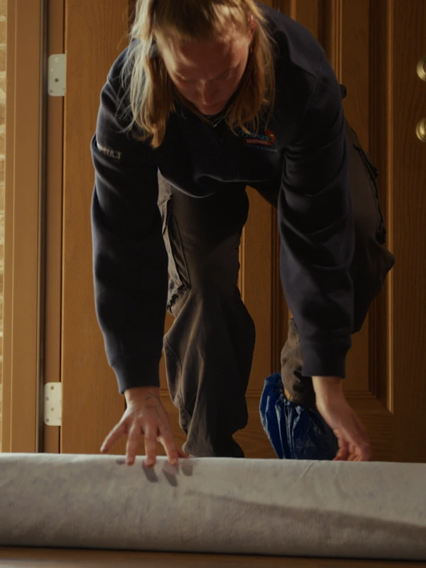 Breeze Brothers technician rolls out floor protective covering